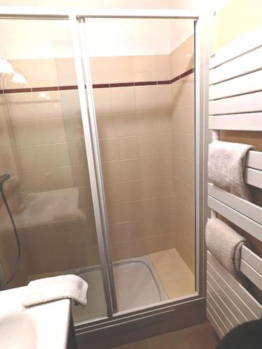 une douche avec une porte vitrée dans une salle de bain dans l'établissement Appart Authentique et confortable - Marais, à Paris