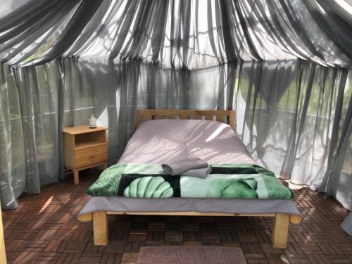 um quarto com uma cama numa tenda em Pušų gaudyklė em Ginučiai