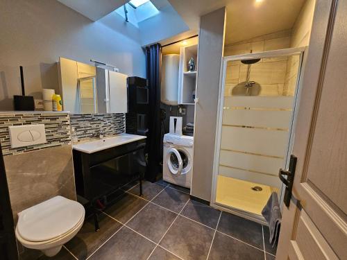 uma casa de banho com um WC e uma máquina de lavar roupa em Ni 100%Gite,Ni100% loc chez Kheira&Pascal em Vitrolles