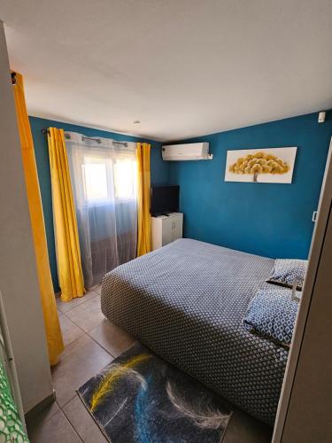 ヴィトロルにあるNi 100%Gite,Ni100% loc chez Kheira&Pascalの青い壁のベッドルーム1室(ベッド1台付)