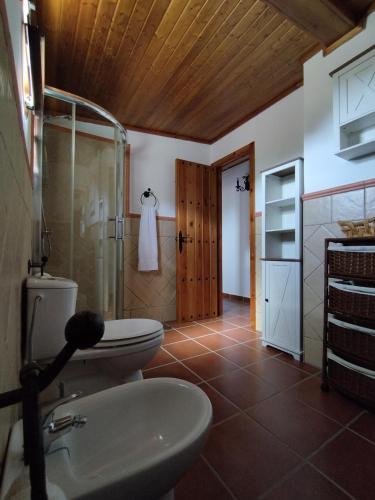 a bathroom with two toilets and a shower and a sink at Vivienda Rural Los Madroños in Malcocinado