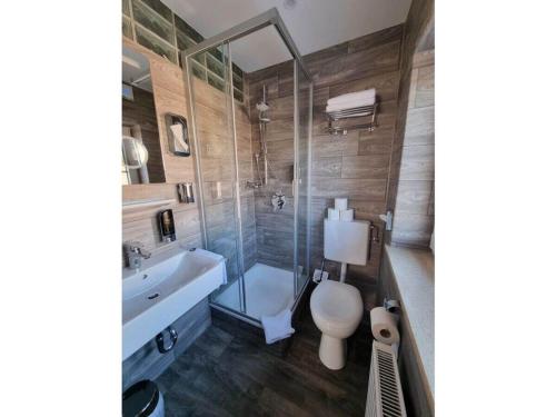 a bathroom with a toilet and a sink and a shower at am Buchbrunnen Comfortable holiday residence in Pfronten