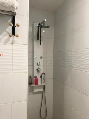 une salle de bain avec une douche avec pommeau de douche dans l'établissement Maison au pied du mont ventoux, à Carpentras