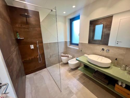 y baño con ducha, lavabo y aseo. en Villa Costantina with heated POOL, en Cannobio