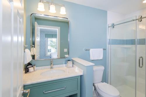 ein Bad mit einem WC, einem Waschbecken und einer Dusche in der Unterkunft Lake View Hotel in Mackinac Island