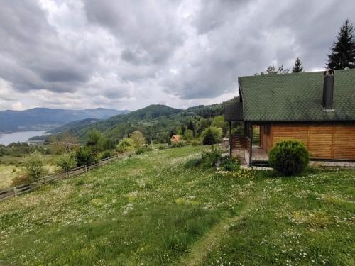 a house on a grassy hill with a view of a lake at Aurora Tara 2 in Jezdići