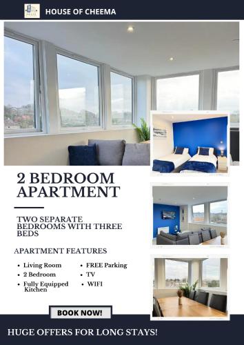 uma colagem de fotografias de um quarto com uma cama e uma sala de estar em Flat 507 Modern Luxury Living em Yeadon