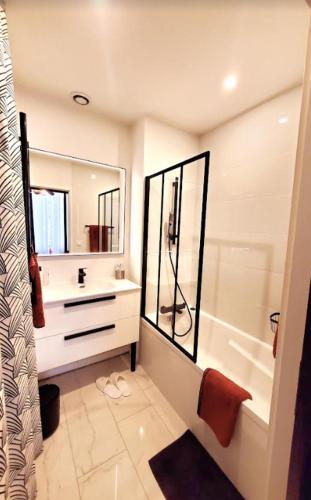 une salle de bain avec une douche, un lavabo et un miroir dans l'établissement Ravissant appartement entièrement rénové T2, proche de la rue Saint Catherine, à Bordeaux