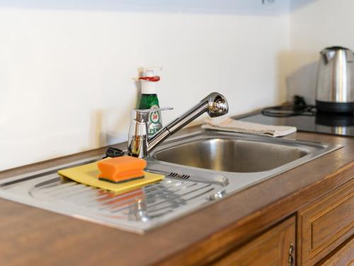 a kitchen sink with an orange sponge and a sponge at Drevenička v Ďurčinej - Júlia in Ďurčiná