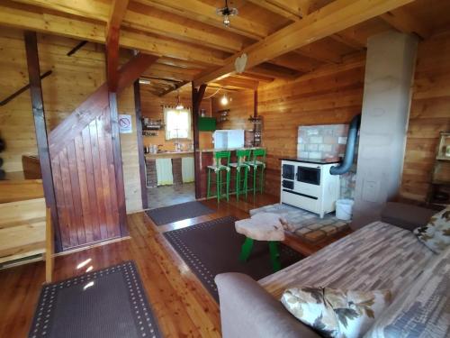 a living room with wooden walls and wooden floors at Aurora Tara 1 in Bajina Bašta
