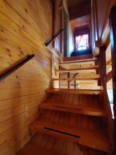 an inside view of a wooden cabin with stairs at Aurora Tara 1 in Bajina Bašta