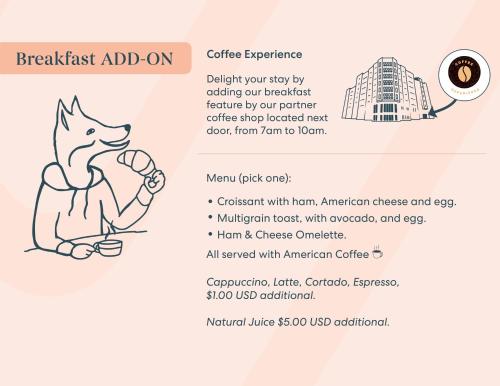 a cat holding a cup of coffee and a coffee experience flyer at Roami at Habitat Brickell in Miami