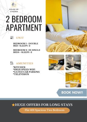 Flat 401 Spacious Two Bedroom في ييدون: منشر لشقة غرفة نوم مع سرير وكتاب