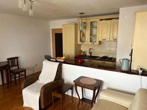 a living room with a couch and a kitchen at Apartman KalaMar in Crikvenica
