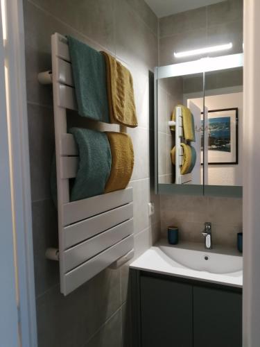 a bathroom with a sink and a mirror at Ty Laura in La Trinité-sur-Mer