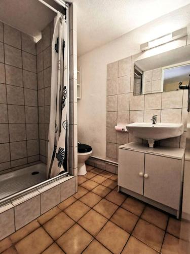 une salle de bain avec un lavabo, des toilettes et une douche dans l'établissement Résidence Grande Bleue - VILLA T1 CAB MEZZ 6 couchages PORT LEUCATE MAE-7111, à Leucate