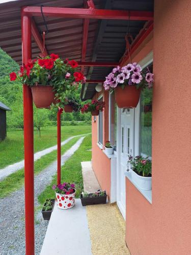 a porch with flowers in pots on a building at Darija & Srđan in Mojkovac
