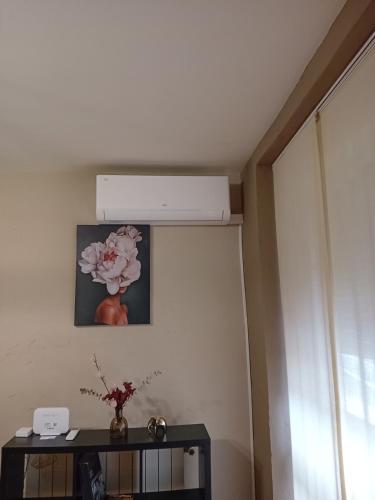 una camera con soffitto bianco e foto di fiori di Apartamento céntrico plaza de toros Alicante ad Alicante