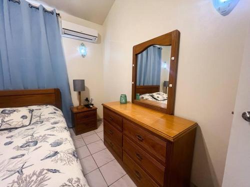 a bedroom with a bed and a dresser with a mirror at Cozy House Aruba in Palm-Eagle Beach