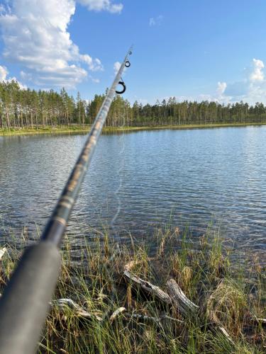a person holding a fishing pole in front of a lake at Knappgården in Särna