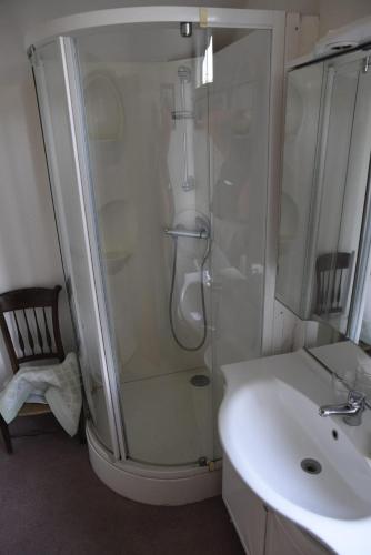 une salle de bain avec douche et lavabo dans l'établissement La Cerisaie, à Saint-Aubin-sur-Scie