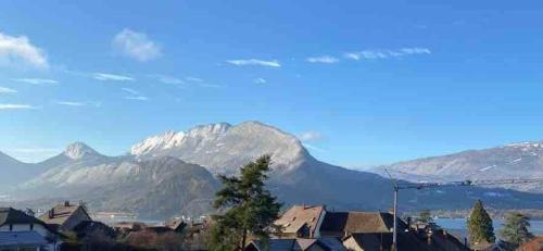 a view of a town with mountains in the background at Appartement Duplex vue lac et montagne à Talloires in Talloires