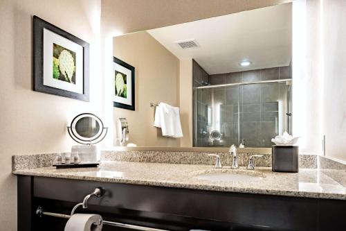 La salle de bains est pourvue d'un lavabo et d'un grand miroir. dans l'établissement Best Western Premier Bryan College Station, à Bryan