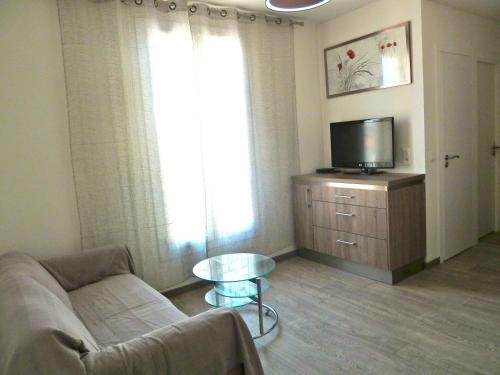 ニースにあるNew 1 bedroom apt place Garibaldiのリビングルーム(ソファ、テレビ、テーブル付)