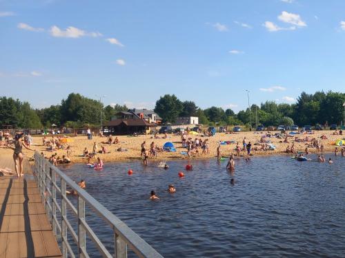 un grupo de personas en el agua en una playa en Domki Letniskowe oraz Chata Grillowa " Nad Zalewem "Bliżyn, en Bliżyn