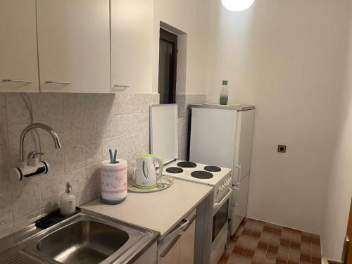 a small kitchen with a sink and a refrigerator at Green Cottage in Podgorica