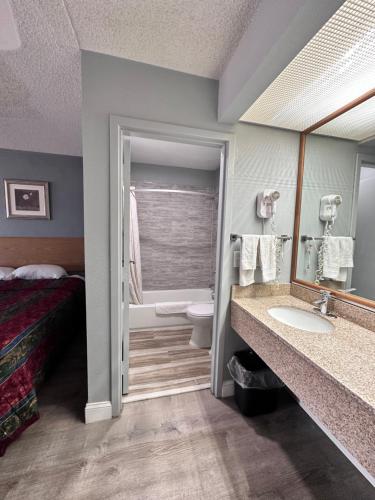 a bathroom with a bed and a sink and a toilet at Knights Inn Ruther Glen in Ruther Glen