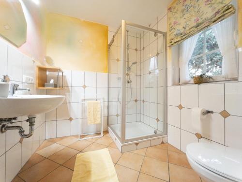 un baño con ducha y lavabo en Hof Köhne - Hexenhaus, en Schmallenberg