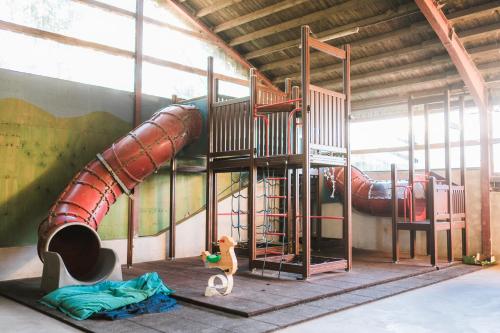 een kinderspeelplaats met een glijbaan en een speeltuin bij Hof Köhne - Haus an der Weide rechts in Schmallenberg