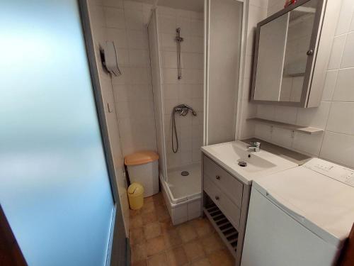 une salle de bain avec un lavabo, une douche et des toilettes dans l'établissement Appartement cosy avec WiFi, parking et animaux admis à Brides-les-Bains - FR-1-512-9, à Brides-les-Bains