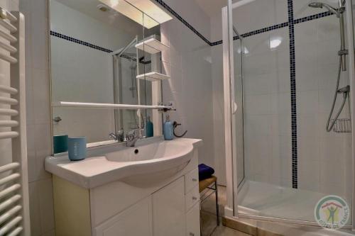 une salle de bain blanche avec un lavabo et une douche dans l'établissement La grande riviere, à Saint-Malo