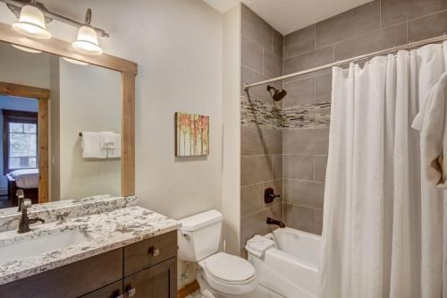a bathroom with a toilet and a sink and a shower at Mountain Thunder Lodge in Breckenridge