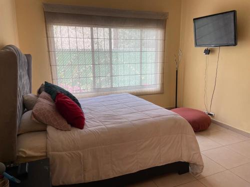 a bedroom with a bed and a window with a television at Urban Oasis in Mexico City
