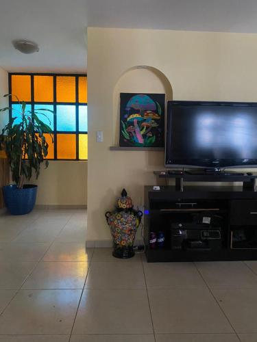 a living room with a large flat screen tv at Urban Oasis in Mexico City
