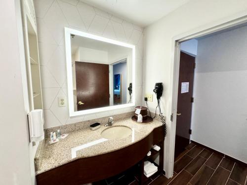 a bathroom with a sink and a mirror at Comfort Suites East Brunswick - South River in East Brunswick