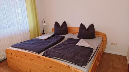 ein Schlafzimmer mit 2 Betten mit Kissen darauf in der Unterkunft Dümmer Refugium - Ferienwohnung in Lembruch
