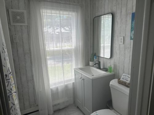 a bathroom with a sink and a mirror and a toilet at Cozy Riverfront Cottage with dock close to Lake George in Corinth