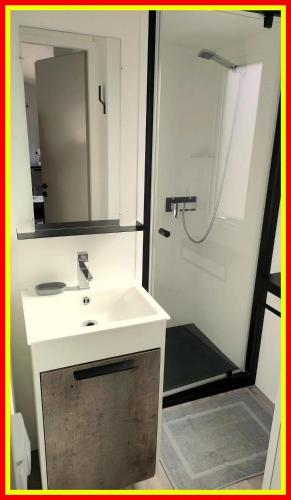 une salle de bain avec un lavabo et une douche avec un miroir dans l'établissement Paradis familial avec piscine à Saint-Denis-d'Oléron, à Saint-Denis-dʼOléron