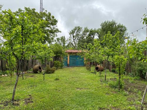 a house with a blue door in a yard with trees at Eco-friendly Guesthouse Tea Gezruli 25 km from Chiatura in Tsinsopʼeli