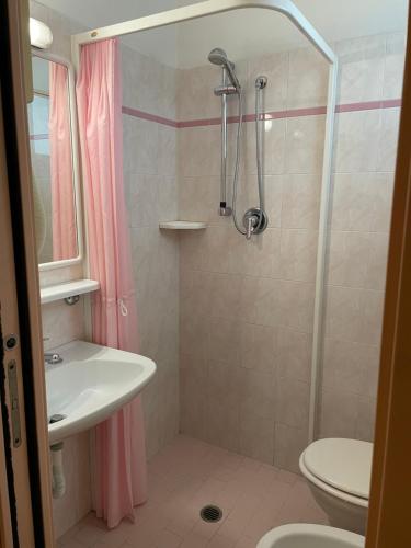W łazience znajduje się prysznic, umywalka i toaleta. w obiekcie Piccolo Hotel w Cesenatico