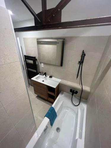 une salle de bain avec une baignoire blanche et un lavabo dans l'établissement Le Vox - appartement de centre-ville, à Montélimar