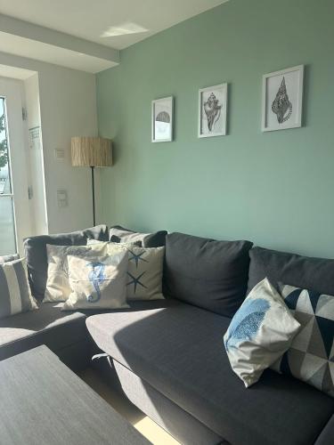 a living room with a gray couch with pillows at App 14 Entspannen im Wellengang! in Dranske