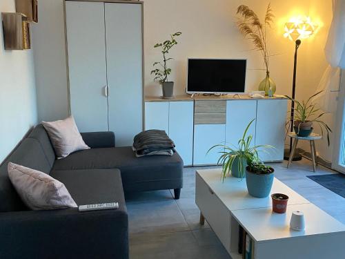 a living room with a couch and a tv at Maison de famille in Lormont