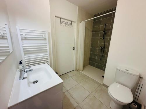 une salle de bain avec toilettes, lavabo et douche dans l'établissement Studio cosy à Concarneau, Plage à 3 min, à Concarneau
