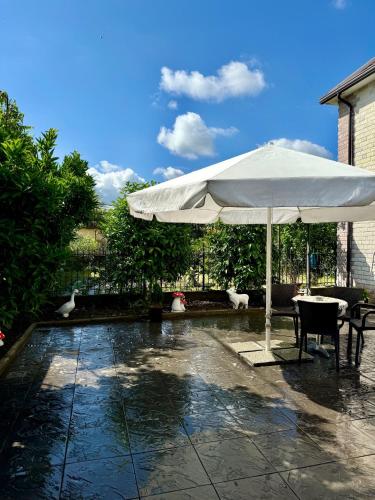 a white umbrella sitting on top of a patio at Villa Agos in Shkodër