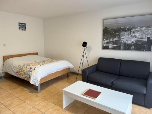 a living room with a bed and a couch at Joli Studio au calme mais proche gare et bus in Luzarches